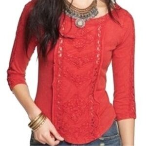 Free People “Truly Madly” Crochet 3/4 Sleeves Top